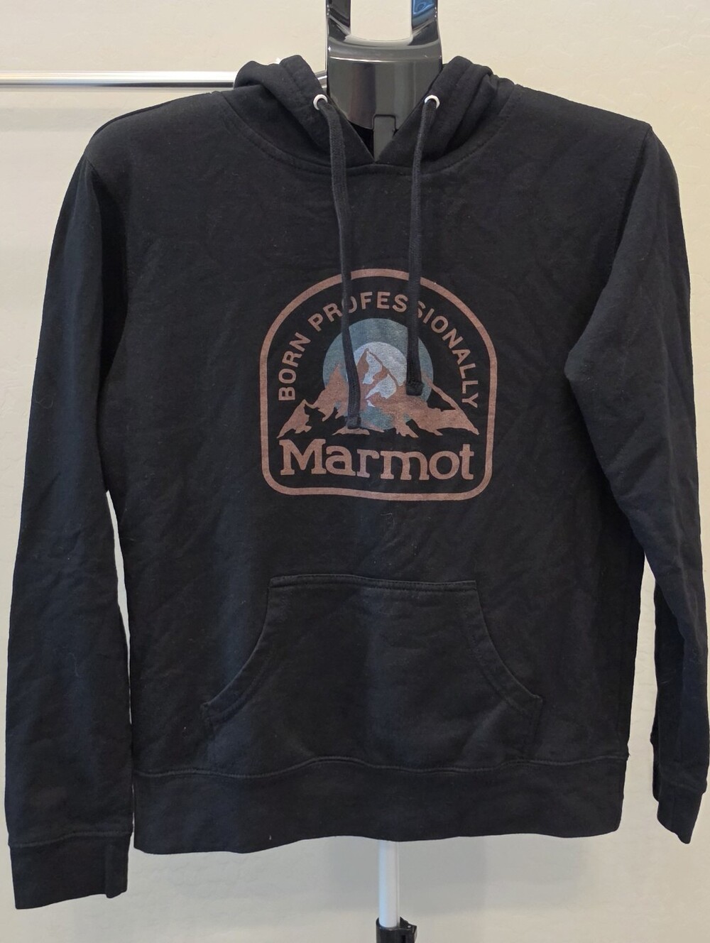 Mens Marmot Black Hoodie with Mountain Born Professionally